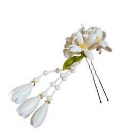 White Bud Floral Hairpin – 11 cm Polymer Clay Flower Thai Pin for Updo Styles (1 Pack)