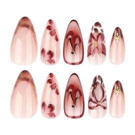 24Pcs Flower Press on Nails Long French Fake Nails French Tips Glue on Nails Nude Red Floral Butterfly Bow Cherry with Gold Charms Design Glossy Full Cover False Nails for Women Decor Nail Art