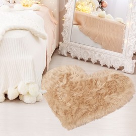 sourcing map Rug Living Room Bedroom Heart Shape High Pile Long Pile Rugs Faux Sheepskin Rug Faux Fur Decorative Fur Rug 70 x 90 cm Khaki