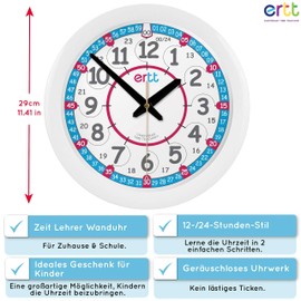 EasyRead Time Teacher Kinderwanduhr - Wanduhr Kinderzimmer - Die Zeit Lernen Wanduhr Mädchen & Jungen für Schlafzimmer mit Zeit Unterrichtsdesign, 24 Stunden Gesicht & Nachtlicht - Uhr 29cm