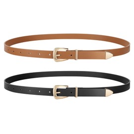 WERFORU 2 Pack Women's Skinny Leather Belts Faux Leather Thin Waist Belts with Gold Buckle Black+Brown
