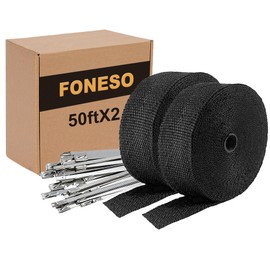 Black Exhaust Heat Wrap, Foneso 2 Roll 2'' x 50' Exhaust Header Wrap Tape Fiberglass Heat Shield Tape with 24pcs Stainless Steel Ties for Motorcycle Car Truck