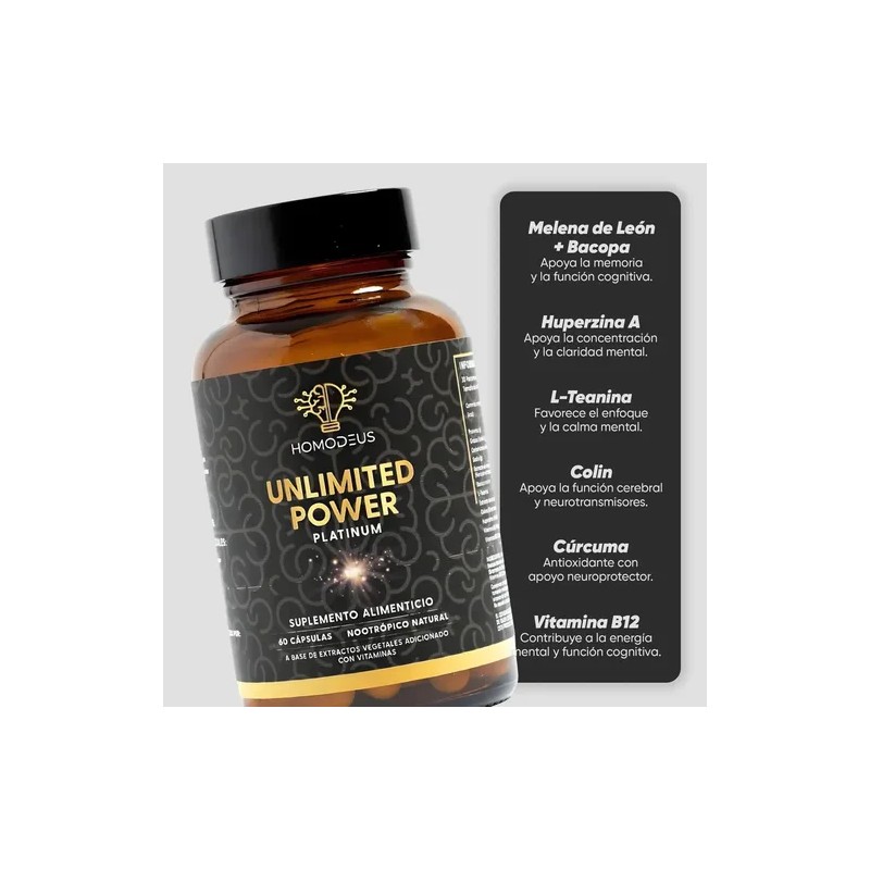 Homodeus Platinum Nootrópico Mejorado Suplemento Natural Hongo Melena León Bacopa
