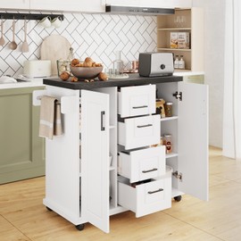 Giantex Kitchen Island with Storage, Rolling Kitchen Island Cart w/ 4 Drawers, Door Cabinets with Shelves, Spice Rack, Towel Rack, Island Table with Lockable Wheels for Kitchen Bar Dining Room, White