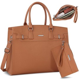 RAINSMORE Laptop Bag for Women 15.6 Inch Waterproof Leather Laptop Tote Bag Business Office Work Bag Professional Briefcase Large Computer Tote Handbag Shoulder Bag with Satchel Purse 2pcs Set, Black - Color: Brown