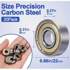 VARMDUKKE 20 Pack 608 ZZ Skateboard Ball Bearing, Double Metal Sealed 608 zz Bearings, 8 x 22 x 7 mm Deep Groove Bearing Steel for Inline Skates, Scooters