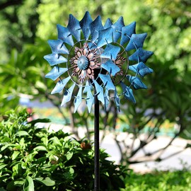 Solar Wind Spinner Azure 360 Degrees Rotate with Multicolor Crackle Glass Globe LED Light Kinetic Dual Direction Wind Spinner for Garden Backyard Lawn Decoration