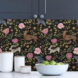 MuralPeel Vintage Pink Flowers Animals Rabbits Leaf Bird Dark Black Peel and Stick Wallpaper Self Adhesive Removable Easy Peel Off Contact Paper Stick on Wall Paper for Bedroom Cabinet Renter Friendly