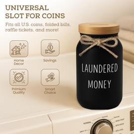 Funny Laundered Money Coin Bank – Glass Jar with Money Slot and Bamboo Lid, Rustic Tip Jar for Laundry Rooms, Loose Change, Home Organization, Decorative Piggy Bank for Farmhouse Home Decor (Black)