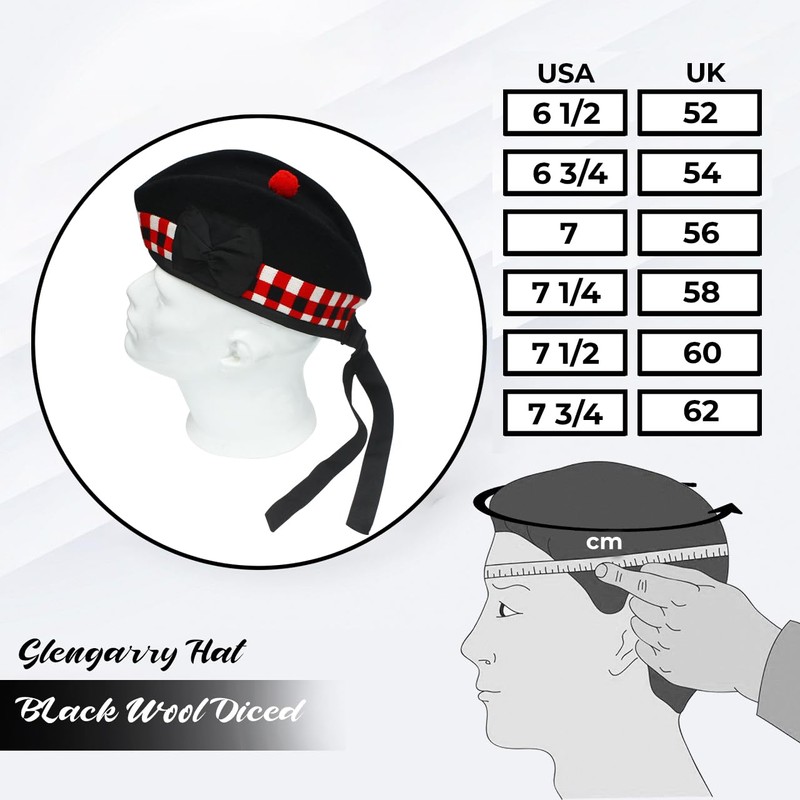 Glengarry Cap-Traditional Scottish Hat,100% Wool, Acrylic Wool Tartan,Kilts/Bagpipes Accessories,Polyester Cotton