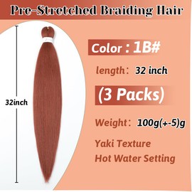Pre stretched Braiding Hair 32 Inch Ginger Braiding Hair Extensions Yaki Braids Hair Hot Water Setting Synthetic Hair Colored Braiding Hair Pre stretched Crochet Hair(32Inch,3 Packs,350#)