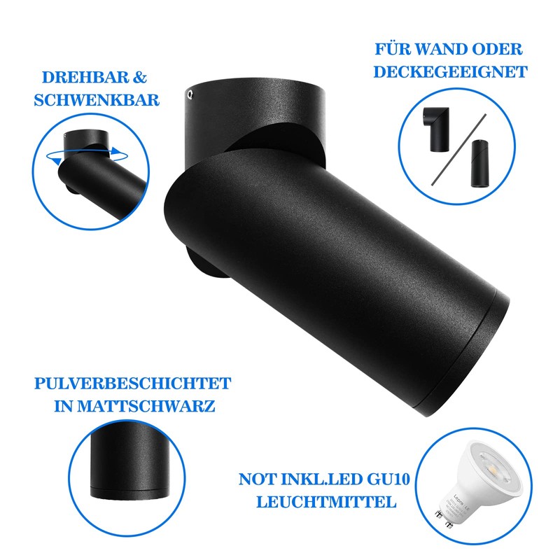 Surface-Mounted Spotlight, Black, Swivelling Surface-Mounted Spotlight with GU10 Socket, Aluminium