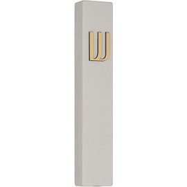 A&S Mezuzot Modern Concrete Mezuzah Case with Scroll, Easy Peel and Stick Mezuza (Grey+ Gold Shin, 5 Inches)