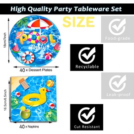 80Pcs Pool Party Supplies Summer Pool Party Set 7"Pool Paper Plate Pool Napkins for Beach Pool Theme luau Beach Pool Birthday Party Decorations|Serve 40