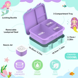 Anyiner Kids Lunch Box, Leakproof Bento Lunch Box with Multi-Compartments & Sauce Jar, Portable Snack Box Mermaid Bento Box for Kids Adults Work School, Lake Green Mermaid