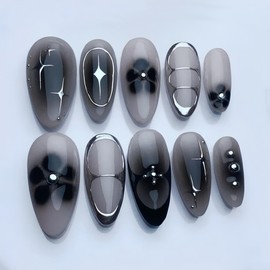 24Pcs Black Press on Nails Medium Almond Fake Nails Black Flower with Silver Star Full Cover Glue on Nails Reusable Acrylic Star False Nails Glossy Stick on Nails for Women Girls Manicure Salon Kits