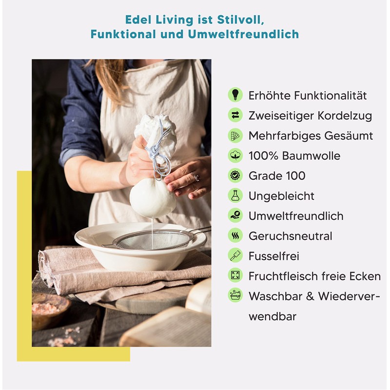 Edel Living Straining Cloth with Drawstring, Cheesecloth, Reusable, Made of