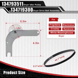 134793511 Dryer Idler Pulley & 134719300 Dryer Drive Belt Assembly Compatible with Frigidaire Electrolux Crosley Kenmore White-Westinghouse Dry(some models), Replacement Part 4960127 134793500, etc.