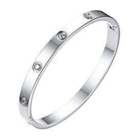 Flongo Women's Bangle Bracelet, Bracelet, Wristband, Classic, Simple, Stainless Steel, Zircon, Glossy, Popular, Female Power, Adult, Texture, Special Unique, For Her Mother, Valentine's Day, White
