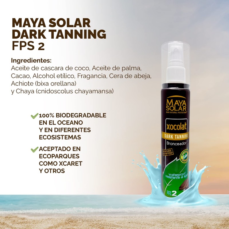 Maya Solar, Aceite Bronceador Xocolat FPS 2 Hidratante, 100% Biodegradable