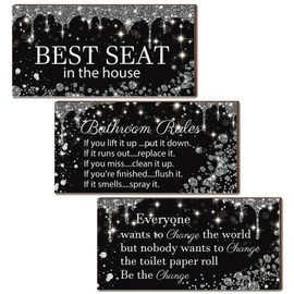 Wenqik 3 Pcs Glitter Diamond Bathroom Decorations Wall Art Rustic Bathroom Wall Decor Black and Silver Bathroom Decor Silver Shiny Drips Wooden Hanging Signs for Home Spa Bathroom Decorations