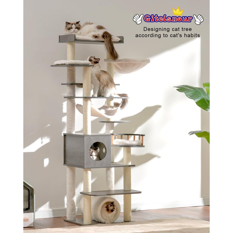 Gitelsnour Cat Tree, 64" Tall Wood Cat Tower for Indoor