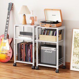 Kalrin Side Table, 3 Tier Moveable End Table, Record Player Stand with Records Shelf, Tall Nightstand for Bedroom, Living Room, Sofa, Office, Bathroom (Pure White, Medium)