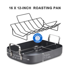 Cooks Standard Turkey Roasting Pan with Rack, Hard Anodized Nonstick 16-Inch x 12-Inch Chicken Ham Roaster Pan Multi-Use Grill Pan with Handles, Black