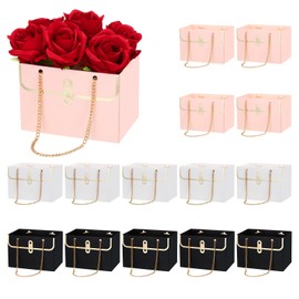 PATIKIL Paper Flower Gift Bags, 15 Pcs Paper Bouquet Flower Gift Bag with Handle Rectangle Metal Chain Tote for Florist Wedding Party Birthdays, Pink/White/Black