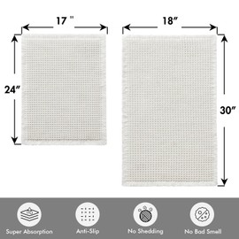 MIULEE Set of 2 Waffle Bathroom Rugs, Boho Bath Rugs Non Slip Washable, Super Absorbent Bath Mats, Ultra Soft Rubber Backed Shower Mats for Bathroom Floor, Tub, White, 17"x24"+18"x30"