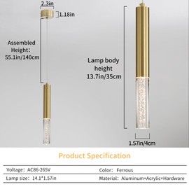 Mikeru 2 Pack Cylinder Ceiling Suspension Pendant Light, 3 Color Temperature 3000k/4500k/6500k Crystal Bedside Pendant Light, Height Adjustable 1.4M, Suitable for Cafe, Dining Room, Kitchen Island