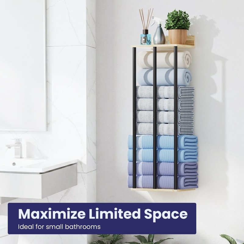 Wall Mounted Towel Racks for Bathroom with Shelf, Oak