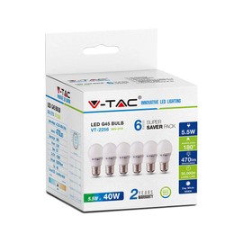 V-TAC 5.5W (40W) Energy Saving G45 LED Bulb with Standard E27 ES (Edison Screw) 6400 Kelvin Warm White – Pack of 6