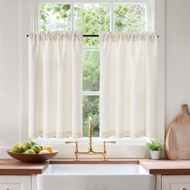 Vangao Waffle Net Curtains, Bistro Curtain, Privacy Kitchen, Plain Light Filtering, Window Curtain for Cafe, Short Window, Small Window, Country House, 90 x 90 cm (W x H), Set of 2, Beige