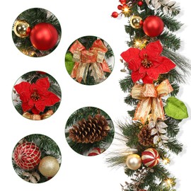 6 Ft Pre Lit Christmas Garland with 20 LED Lights & Glitter Bows - Waterproof Indoor/Outdoor Garland for Mantle, Stairs, Fireplace - Battery Operated Faux Xmas Decorations