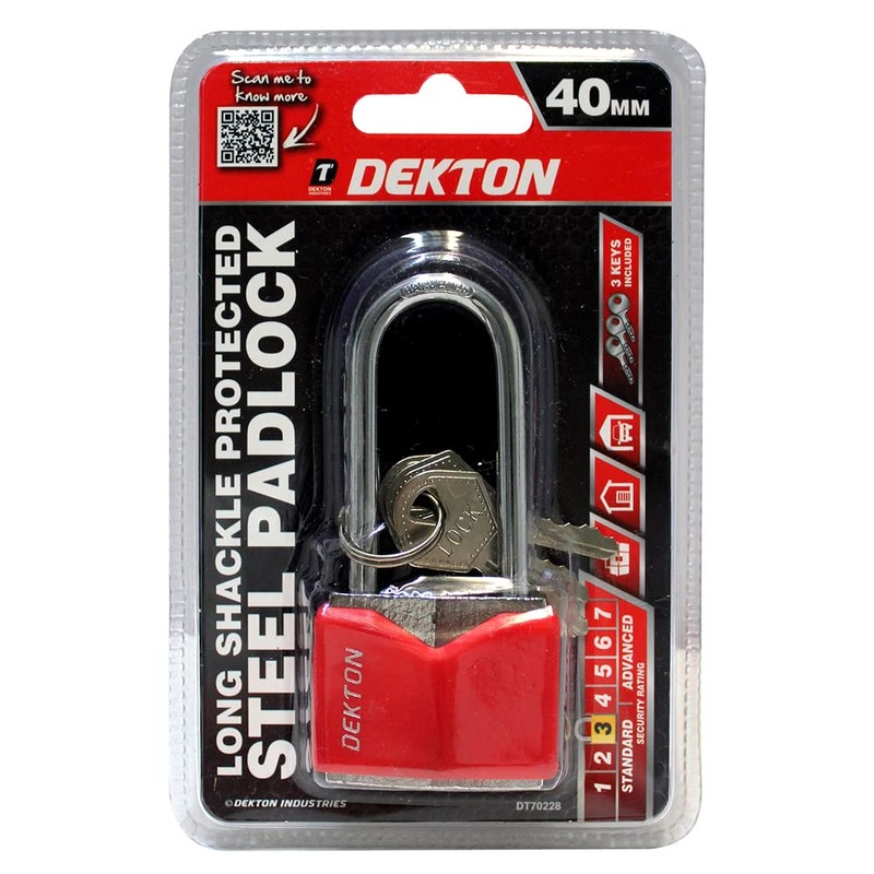 DEKTON DT70228 40MM Long Shackle Covered Steel Padlock, Red