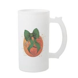 Elanze Designs Sports Freezable Beer Stein Mug With Thumb Grip Handle 16 Ounce Frosted Glass, Glitzy Glam Disco Basketball Gold Splatter With Green Coquette Bow