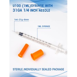 1ml Syringe with Cap 31G 1/4-inch 6mm Syringes, Pack of 100, Disposable 1cc 31 Gauge Individual Package