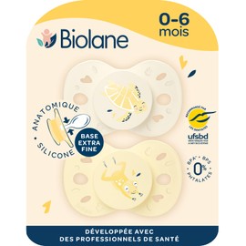 BIOLANE Anatomically Shaped Animal Teat Extra Fine Pacifiers 0 to 6 Months Yellow and Beige Flat Reversible Nipple Optimal Comfort Respect for Mouth Development Renewable