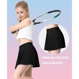 QooNoo Girls Pleated Athletic Skirts with Shorts 2 in 1 Tennis Skorts with Pocket High Waist Golf Skirt for Youth Kids (Black,Small)
