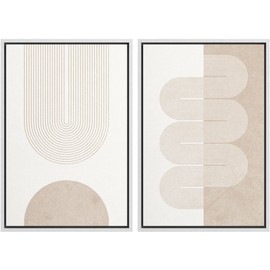 MUDECOR Framed Canvas Print Wall Art Set Pastel Tan White Geometric Wave Ribbons Abstract Shapes Illustrations Modern Art Decorative Contemporary for Living Room, Bedroom, Office - 24"x36"x2 White