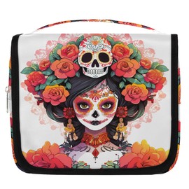 Mexican Sugar Skull Travel Toiletry Bag with Hanging Hook, Waterproof Toiletries Bag for Women, Portable Makeup Organizer for Makeup Brushes Digital Accessories, Hanging Cosmetics Bag for Bathroom