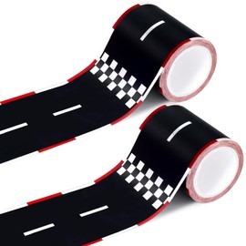 JCTHKUKU 2 Rolls Roadway Tape, Black and Red Road Car Track Tape, 2.4 Inch Wide 33 FT Long Racing Checkered Road Tape for Kids Birthday Party Racing Party Decoration