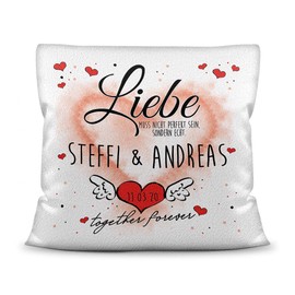 PR Print Royal Cushion with Filling with Saying "Unsere Liebe ist echt (Unsere Liebe ist Ech") for Writing on with Partner First Name and Date of Choice, Polyester Cushion - White Fluffy, 40 x 40 cm