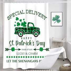 Jbralid Happy St Patrick's Day Shower Curtain Buffalo Check Plaid Clover Truck Loads of Luck Lucky and Charm Bath Curtain Farmhouse Waterproof Shower Curtains for Bathroom Decor with Hooks 72x72 Inch
