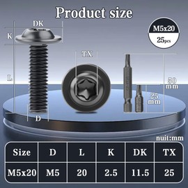 Pack of 25 Rounded Head Screws Black M5 x 20 mm Flat Head Screws with Flange Torx Screws 304 Stainless Steel with Washer A2 V2A Threaded Screws Full Thread Oxide with 2 Pieces T25 Torx Key for Wood