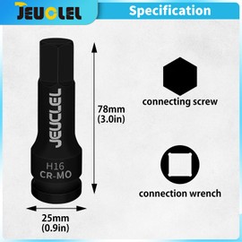 JEUCLEL 2Pcs 16mm Hex Impact Bit Socket, H16 1/2-Inch Impact Drive Allen Socket, Cr-Mo Steel Lengthen Hex Screwdriver Adapter for Electric Ratchet Wrenches Fastening Screws