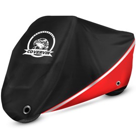 COVERVIN Motorcycle Cover, Heavy Duty Waterproof Outdoor Motorcycle Scooter Cover 96 Inch with Reflective Strip Locking Holes for Suzuki Kawasaki Yamaha (Black & Red)