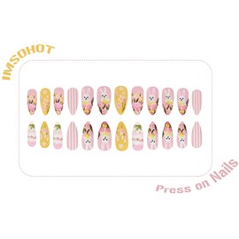 IMSOHOT Easter Press on Nails Medium Almond Fake Nails with Pink Flower & Cute Rabbit Design Pink Yellow Matte Full Cover False Nails Glue on Nails Easter Stick on Nails for Women Girls 24Pcs