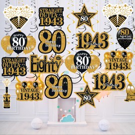 80th Birthday Decorations Hanging Swirls for Men Women, Black Gold Vintage 1943 80th Birthday Party Hanging Swirls Ceiling Decorations Shiny Foil Swirls for 80 Years Old Party Supplies 46 Pcs